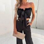 Ardm Sexy Strapless Sleeveless Ruffle White Summer Two Piece Set Women Straight Pants Hollow Out Backless Lace Up Party Trousers 6