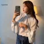 Fashion Women Smooth Blouse Lantern Sleeve Solid Korean Shirt Office Lady Slim Blusas Spring Autumn Elegant Blouses 6