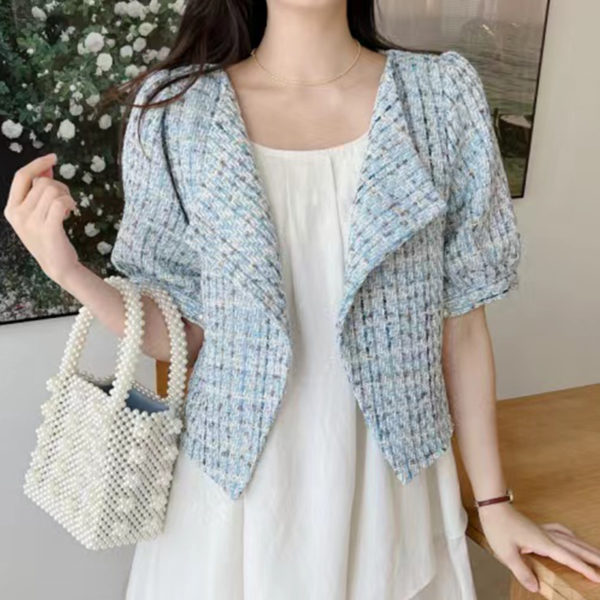 KUSAHIKI Korea Chic Summer Women Jakcet Elegant V-neck Hit Color Plaid Coat Causal Puff Sleeve Short Outwear Tops 2022 New 2