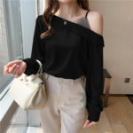 2021 Spring New Sexy off-the-shoulder Collar diamond Splicing Solid Ladies Tops Chiffon Women Shirts Blusas Feminine shirt 692i 3