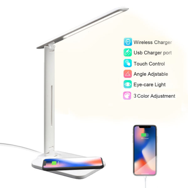 10W LED Desk Lamp with phone Wireless Charger, USB Charging Port, Dimmable Eye-Caring Office Lamp for Work, Folding Design 1