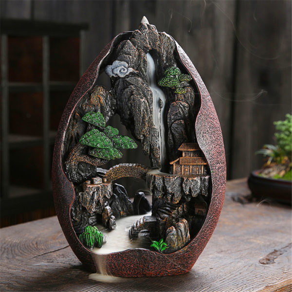 Resin Backflow Incense Burner with 20pcs Incense Waterfall Mountain Stream Zen Creative Large Size Home Office Decoration 1