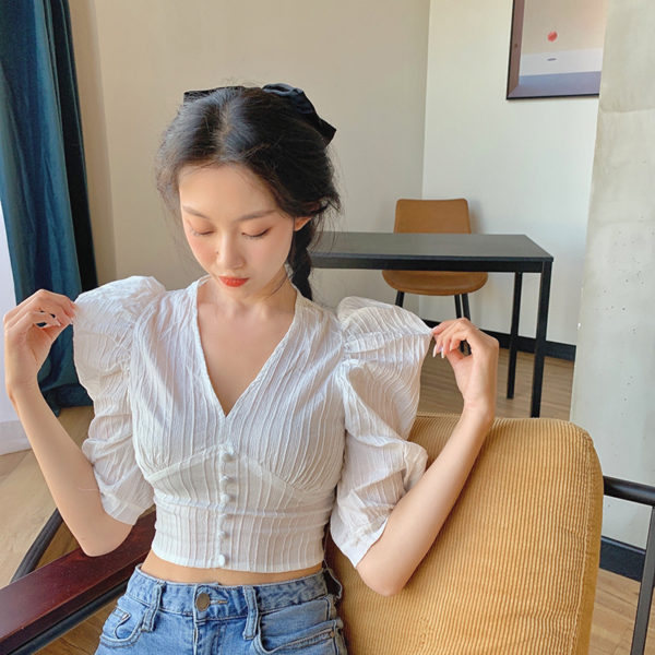 Summer Style White Shirts V-neck Blouses Women's Clothing Fashion Brand Crop Top Female Korean Clothes Puff Sleeve New 2021 2