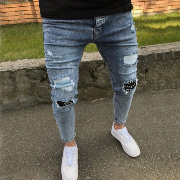 Fashion Patchwork Jeans for Men Streetwear Casual Small Feet Stretch Denim Pants Male Autumn Slim Fit Ripped Cowboys Trousers 2