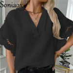 Fashion V-Neck White Lace Patchwork Half Sleeve Womens Blouses 2022 Summer Casual Loose Office Ladies Shirt Tops Femme Blouse 3