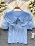 SINGREINY Ruffled Korean Style Women Blouse 2022 Summer Casual Fashion Vacation Solid Single Breasted Ladies Slim Tops 5