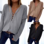 Blouse Long Sleeve Women Ruffle Bandage Knitwear Pullover for Spring 4