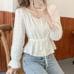 2021 Spring White Shirt Round Neck Flared Sleeve Cotton Blouse with Belt Button Short Style Ruffled Top Womens Tops and Blouses 3