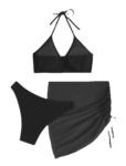 2022 High Waist Swimsuit With Beach 3 Pieces Mesh Skirt Textured Ring Linked Halter Bikini Micro Ribbed Bikini 5