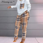 Women Casual O neck Tracksuit set Lady pocket pullover top +long pants Two piece set Lady Fashion Plaid print Pants outfit set 1