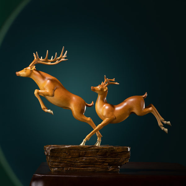 Double Fortune Copper Deer Statue Home Office Room Desktop Decoration Collect Ornaments Gifts 1