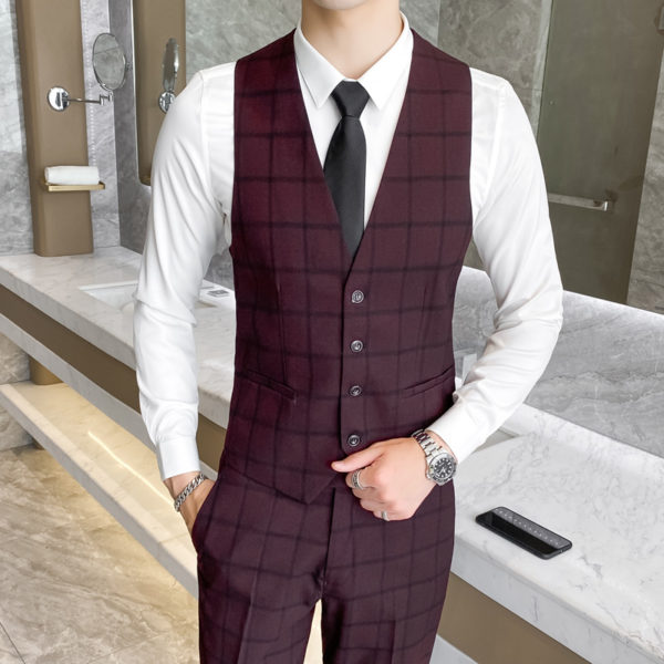 2 Pcs Set Vest Pants / 2022 Fashion New Men's Casual Boutique Lattice Business Slim Suit Waistcoat Trousers 2