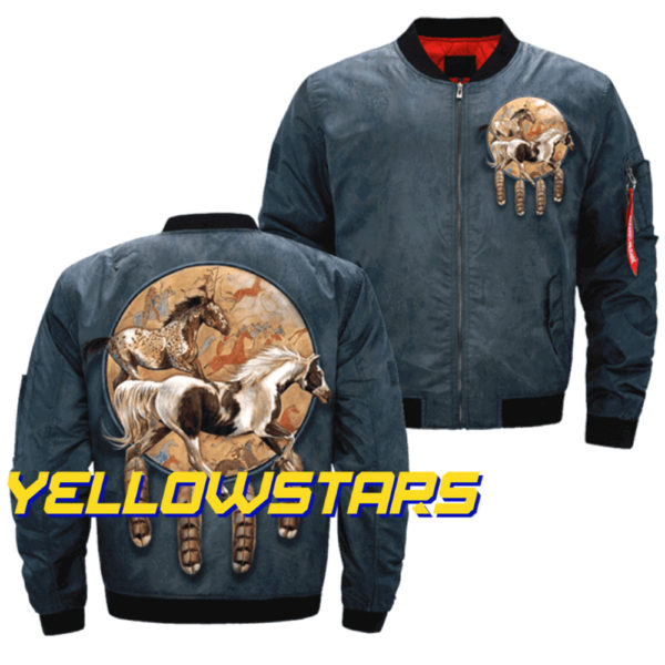 Soul catcher horse Print Blue Bomber Jacket Casual coats 1