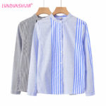 LUNDUNSHIJIA Blue Stand Collar Irregular Stripes Shirts Women Top Blouses 2021 Spring Long Sleeve Ladies Casual Female Blusas 1