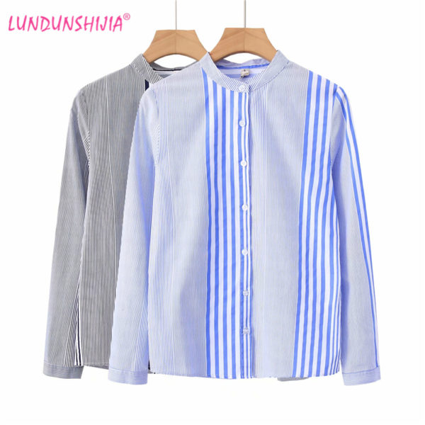 LUNDUNSHIJIA Blue Stand Collar Irregular Stripes Shirts Women Top Blouses 2021 Spring Long Sleeve Ladies Casual Female Blusas 1