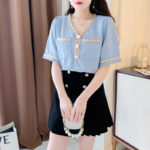 Temperament V-Neck Short-Sleeved Blouse Women 2021 Summer New Korean Simple Style Design Chic Button Casual Tops Ladies Shirt 5