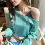 2021 Spring New Sexy off-the-shoulder Collar diamond Splicing Solid Ladies Tops Chiffon Women Shirts Blusas Feminine shirt 692i 4