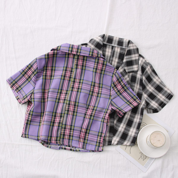 2021 New Summer Women Turn-down Collar Plaid Shirt high waist short Shirt single breasted Shirt bare navel Top 2