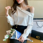 2021 Spring New Sexy off-the-shoulder Collar diamond Splicing Solid Ladies Tops Chiffon Women Shirts Blusas Feminine shirt 692i 5