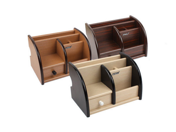 Luxury Wood Desk Organizer Office Bureau Pen Holder Wooden Sorter with Drawer 2