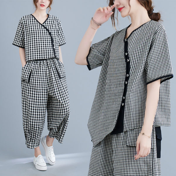 2022 New Cotton Linen Print Plaid Vintage Women Clothes Sets Loose Tops Blouse Wide Leg Pants 2pcs Summer Casual Sets Suits 2