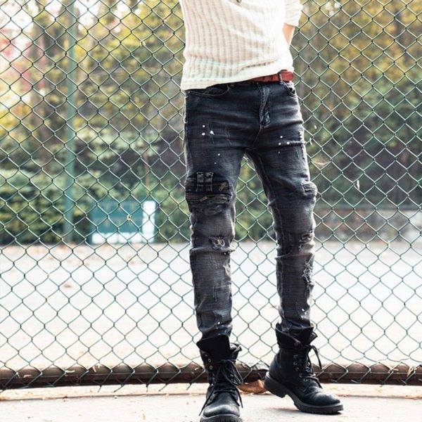 New Fashion Brand Hole Ripped Slim Fit Mens Denim Pencil Pants Full Length Moto Biker Zipper Pockets Cowboy Trousers Plus Size 2