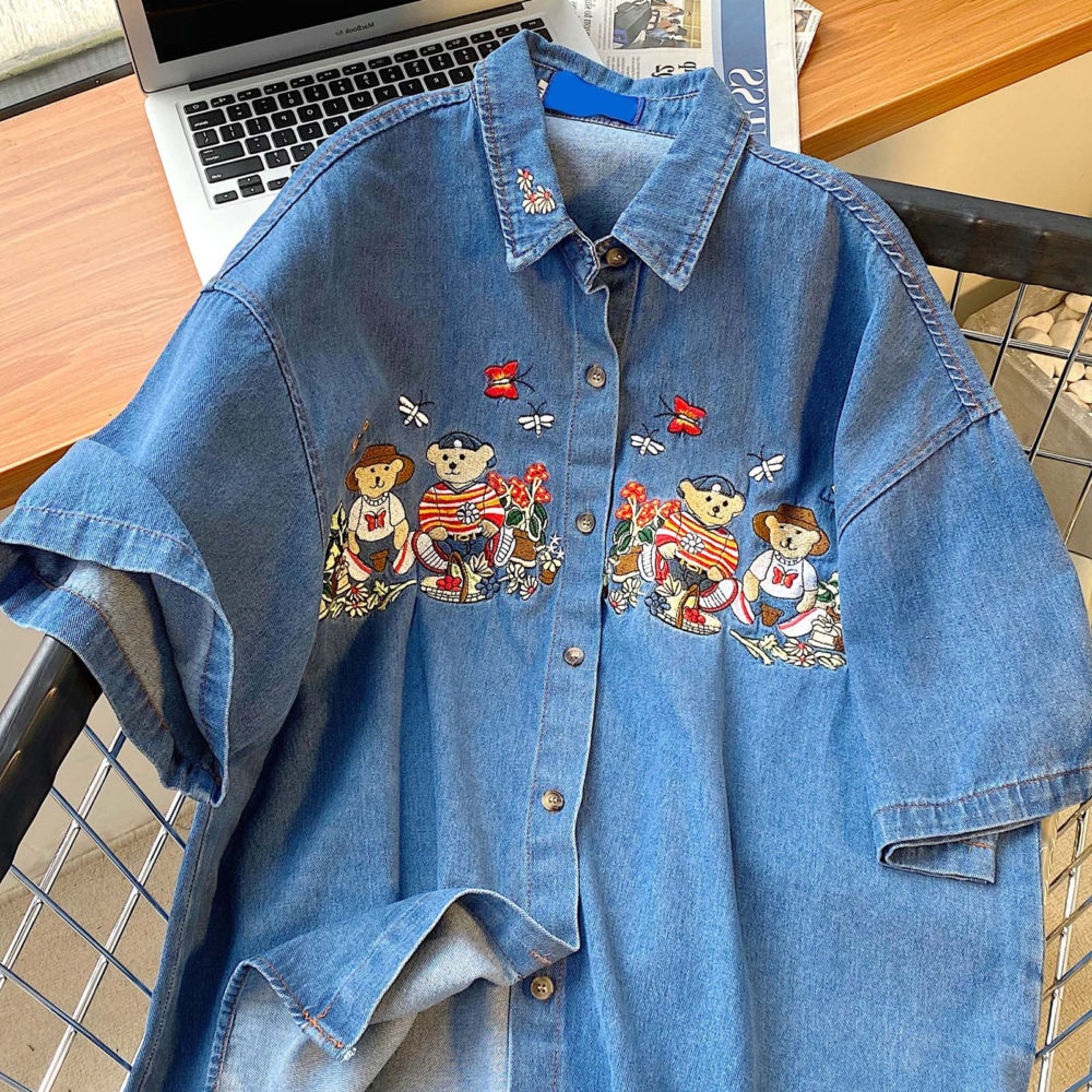 Blue Bear Embroidery Patchwork Denim Blouse Women Short Sleeve Japanese Shirts 2022 Summer Korean Tops Female Clothes Harajuku 1