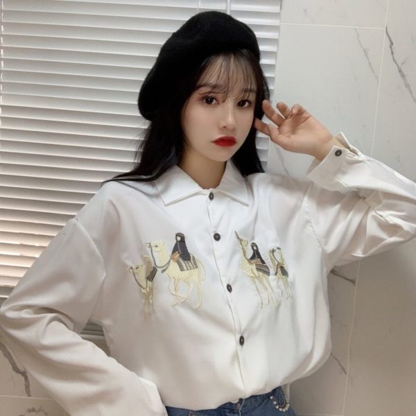 Harajuku Streetwear Blouses Women Embroidery White Shirt Long Sleeve Casual Loose Female Korean Style Blusas Spring Woman Shirts 2