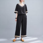 2022 New Soft Cotton Linen Patchwork Hollow Out Chic Fashion T Shirts Wide Leg Pants 2pcs Women Summer Clothes Sets Casul Sets 5