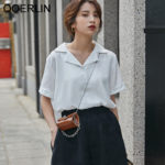 QOERLIN Summer Korean Chic Loose Temperament Short Sleeve White Chiffon Shirt Women's Solid Peter Pan Collar Single Breasted Top 5