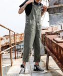 2022 Men Bib Pants Solid Color Casual Jumpsuits Streetwear Joggers Multi Pockets Fashion Suspenders Men Cargo Overalls 6