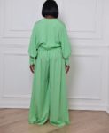 Echoine Green Long Sleeve Lantem Sleeve Bandage Cross Lace Up Hollow Out Blouse Shirt Top Wide Leg Pants Two Piece Set S-5XL 3