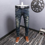 Streetwear Fashion Men Jeans Retro Dark Blue Elastic Slim Fit Ripped Jeans Men Embroidery Designer Vintage Casual Denim Pants 1