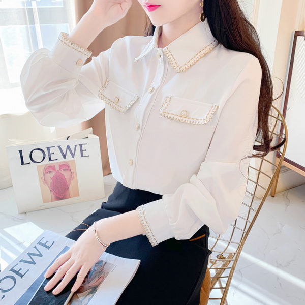 White Chiffon Blouse Women New 2021 Spring Korean Small Fragrance Lapel Tops All-Match Solid Color White Shirt Female Autumn 2