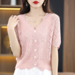 Ice silk cardigan women's lace V-neck knitted tops 2022 spring and summer casual wispy short women's jacket solid color coat 1