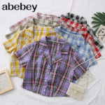 2021 New Summer Women Turn-down Collar Plaid Shirt high waist short Shirt single breasted Shirt bare navel Top 1