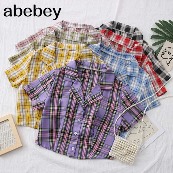 2021 New Summer Women Turn-down Collar Plaid Shirt high waist short Shirt single breasted Shirt bare navel Top 1