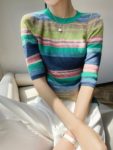 100% Pure Wool Sweater Women Fashion O-neck Rainbow Stripe Pullover Spring Summer Half-sleeve Warm Knit Tops Female Jacket 2