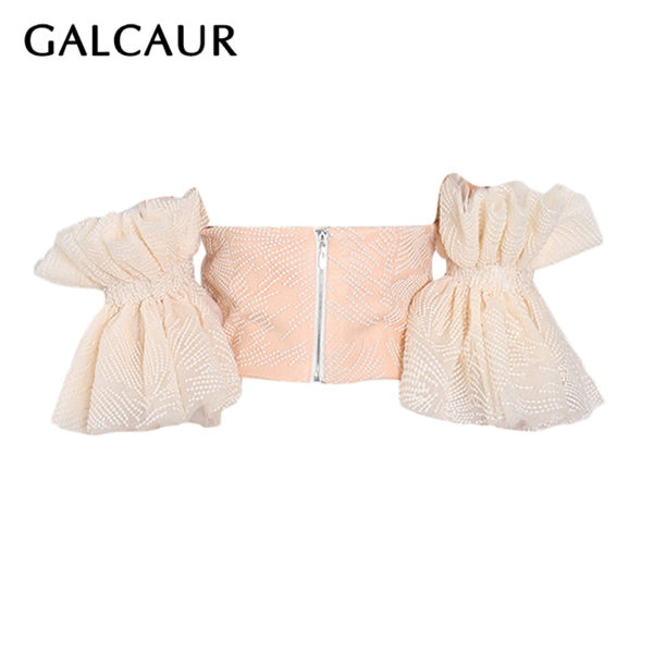 GALCAUR Sexy Women's Blouses Slash Neck Half Sleeve Off Shoulder Apricot Embroidery Patchwork Solid Shirts Female 2021 Clothing 1