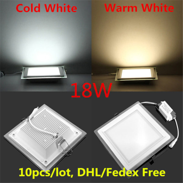 10pcs/lot 18W LED Ceiling Panel Light Recessed Downlight Glass Panel Down Light AC85-265V Warm/Cold White DHL/Fedex Free Ship 1