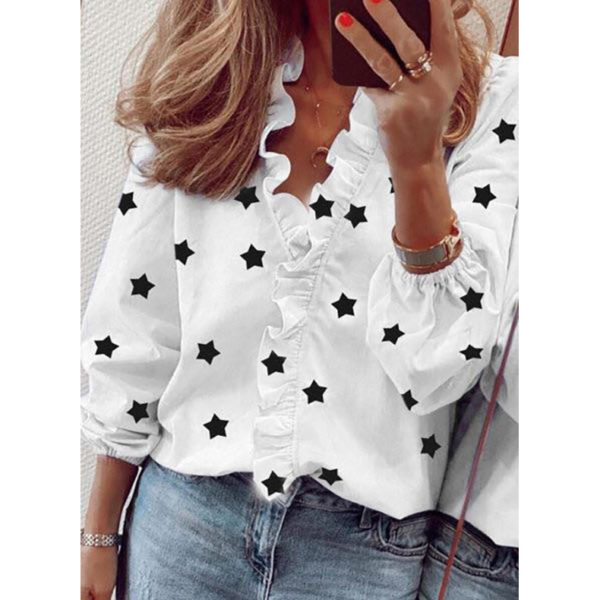 Leisure Fashion Star Print Shirts V-neck Ruffled Top Lady Slim Long Sleeve Oversized Shirt Womens Blouses Spring Blusas Mujer 2