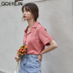 QOERLIN Summer Korean Chic Loose Temperament Short Sleeve White Chiffon Shirt Women's Solid Peter Pan Collar Single Breasted Top 6