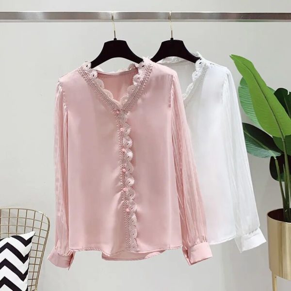 YTNMYOP Sweet Spring Blouse Women Loose Fashion Chiffon V-neck Lady Short Long Sleeve Clothing For Girls Pink White Colors 1