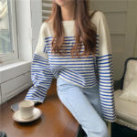 Blue Striped Stitching Sweater Women's Spring and Autumn 2022 New Loose Knitted Round Neck Long-sleeved Pullover Top Female 6