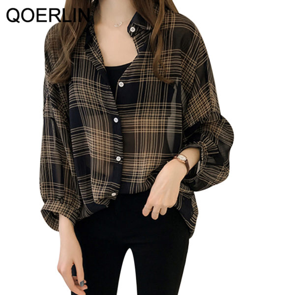 QOERLIN M-4XL See Through Sexy Plaid Shirt Women Summer 2021 New Korean Loose Causal Sun Protection Jacket Blouse Coat Girly 1