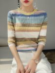 100% Pure Wool Sweater Women Fashion O-neck Rainbow Stripe Pullover Spring Summer Half-sleeve Warm Knit Tops Female Jacket 4