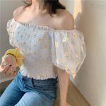 Summer Sweet Style Ladies Trendy Mesh Blouse Short Puff Sleeve Off Shoulder Square Collar Daisy Print Fitting Sexy Cropped Shirt 2