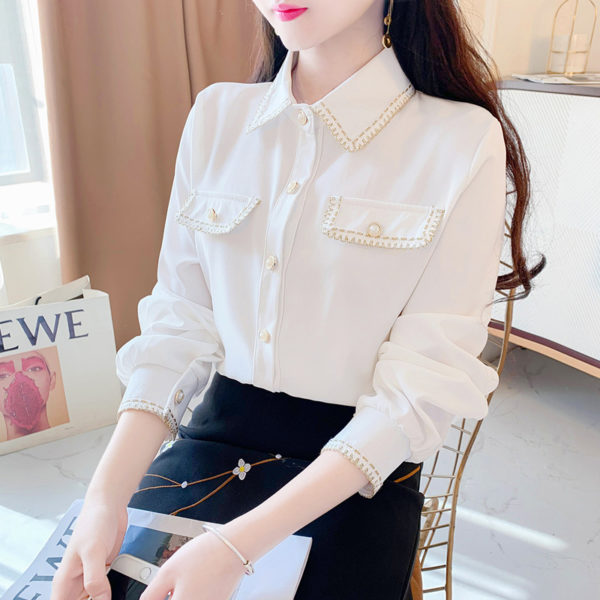 White Chiffon Blouse Women New 2021 Spring Korean Small Fragrance Lapel Tops All-Match Solid Color White Shirt Female Autumn 1