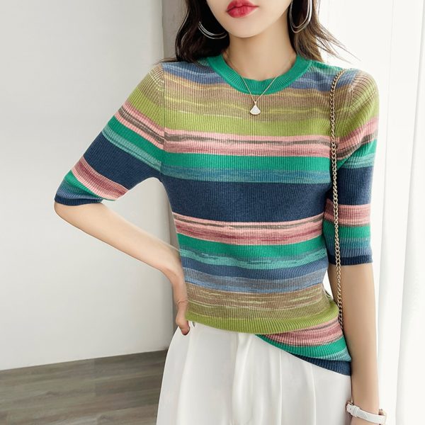 100% Pure Wool Sweater Women Fashion O-neck Rainbow Stripe Pullover Spring Summer Half-sleeve Warm Knit Tops Female Jacket 1