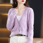 100% Cashmere Wool Sweater Solid Color Hollow Knit Summer New Long Sleeve Ladies V-Neck Sweater Thin Coat Cardigan 4 colors 3